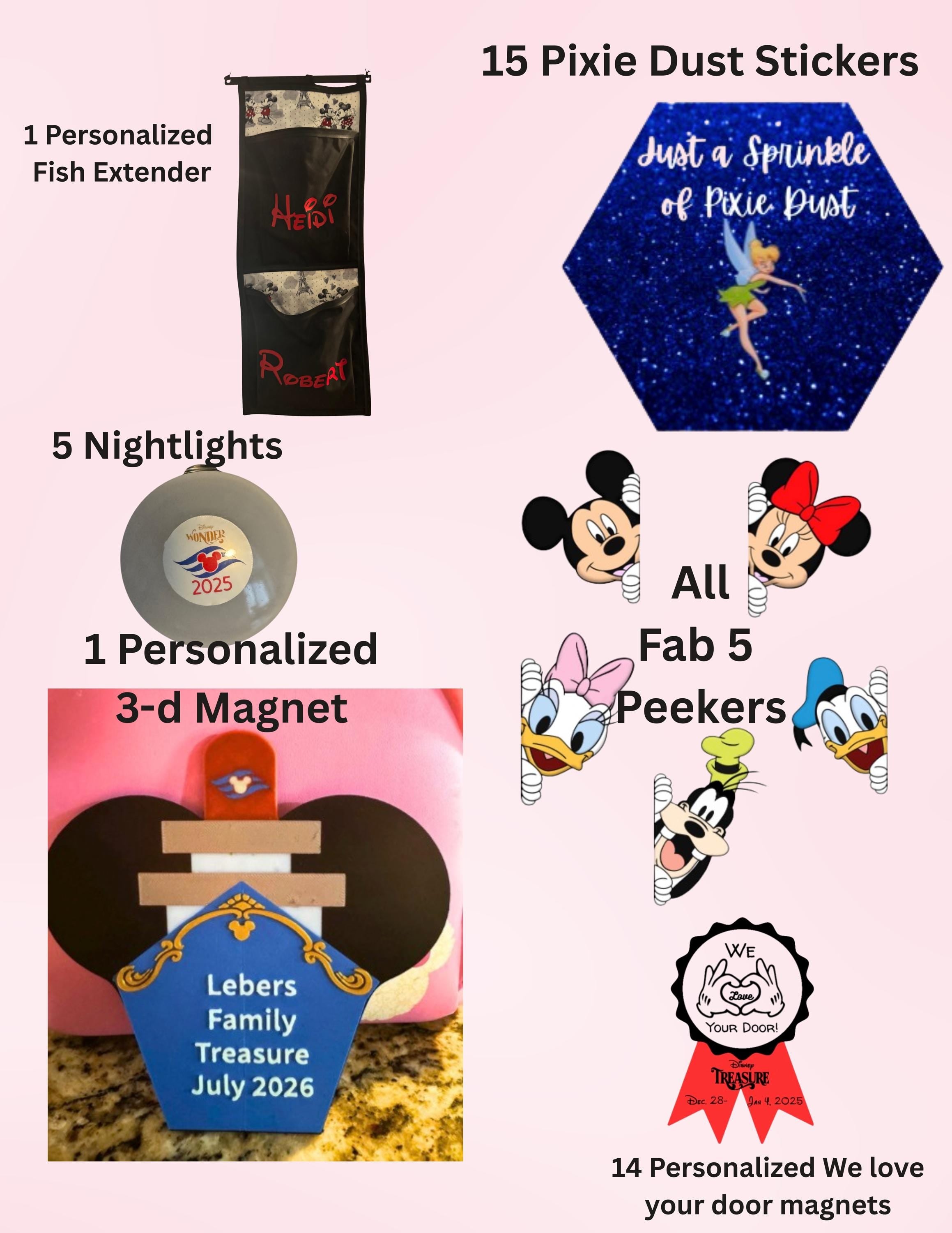 Disney Cruise Gift Bundle – Vinyl Fish Extender, Personalized Nightlights, Magnets, 3D Ship & Pixie Dust Stickers