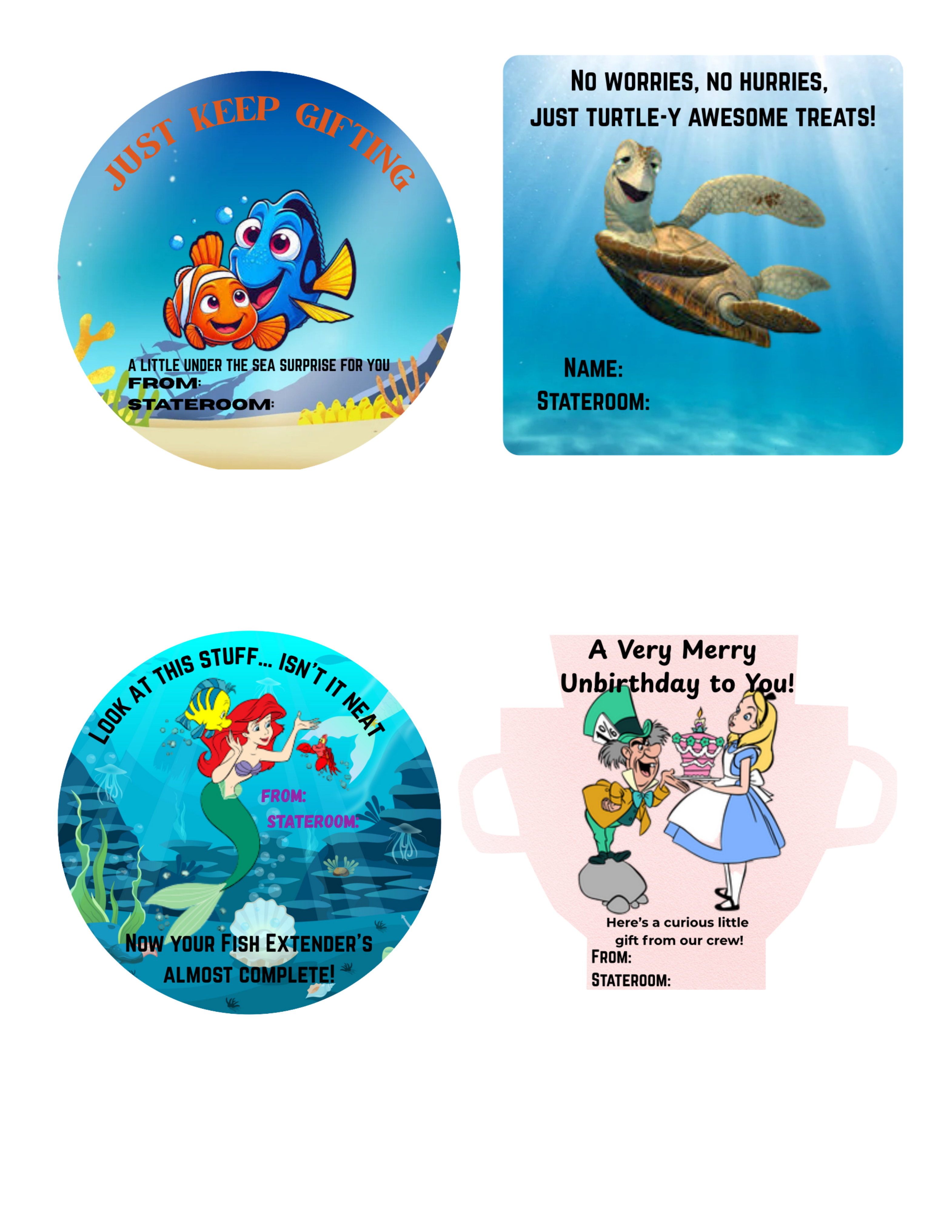 Disney Cruise Fish Extender Gift Stickers – Teacup & Under-the-Sea Themes | Personalized Labels for FE Exchange | Alice in Wonderland, Littl