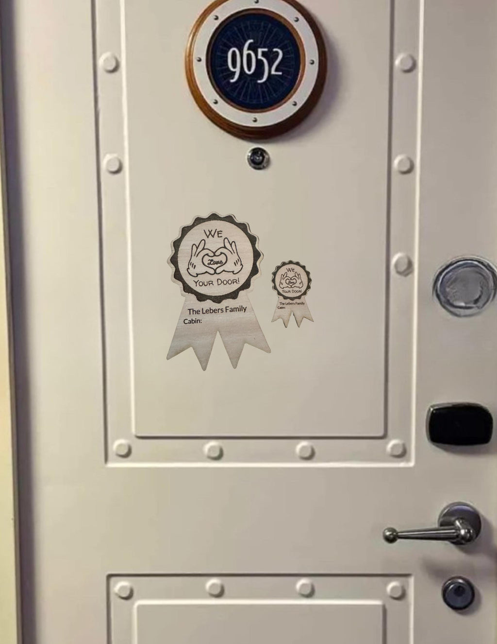 Personalized Disney Cruise Magnet | “We Love Your Door” Laser Engraved Wood Magnet | Mickey Hands | Custom Name & Cabin | Fish Extender Gift