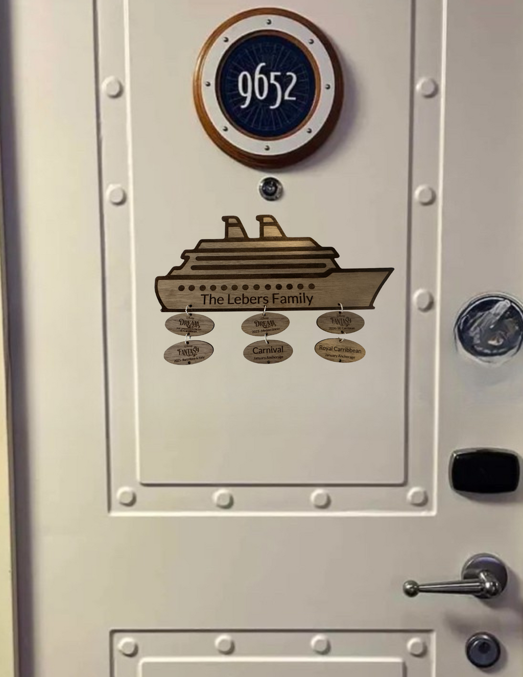 Personalized Cruise Door Magnet | Laser Engraved Walnut Ship Plaque with Tags