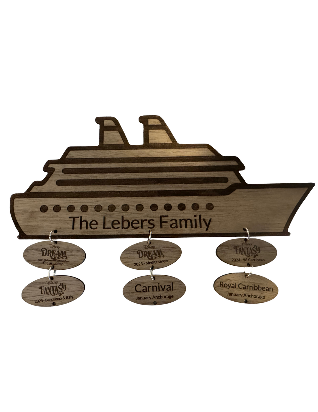 Personalized Cruise Door Magnet | Laser Engraved Walnut Ship Plaque with Tags